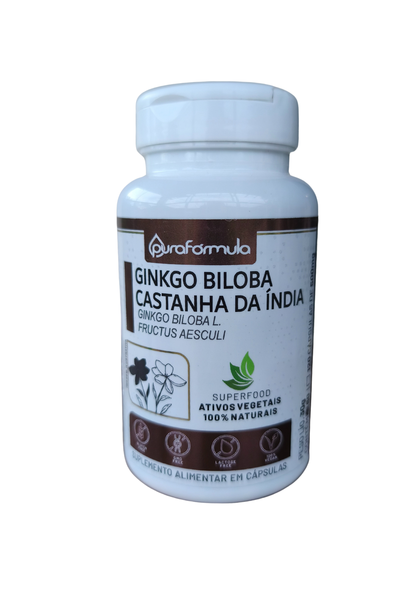 GINKGO BILOBA COM CASTANHA DA ÍNDIA - 500mg - 60 Cápsulas - PURA FÓRMULA