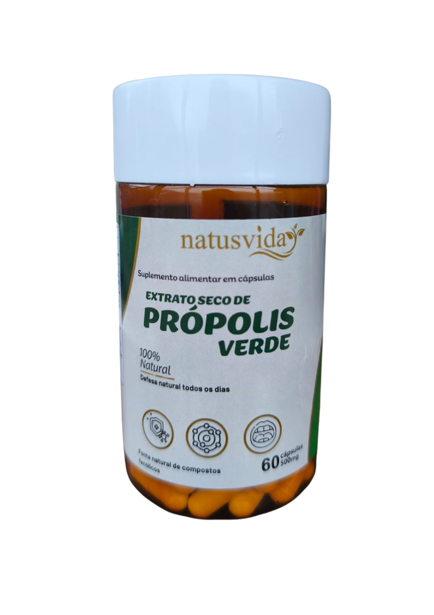 EXTRATO SECO DE PRÓPOLIS VERDE - 500mg - 60 Cápsulas - NATUSVIDA